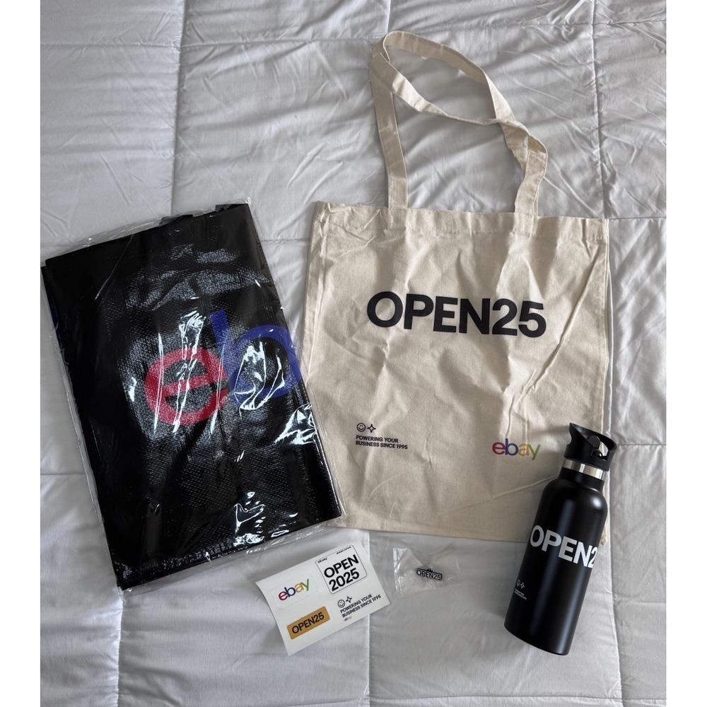 New eBay Open25 Swag - Two Large Bags, Water Bottle, Open25 Enamel Pin, Stickers